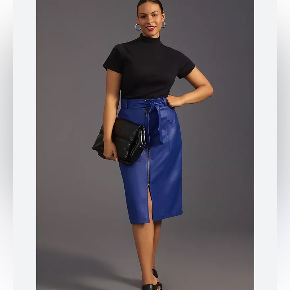 Anthropologie Eva Franco Faux Leather Midi Skirt in Bright Blue